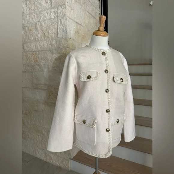 Sandro Cream Preppy Coat with Braided Trim - Picture 7 of 10